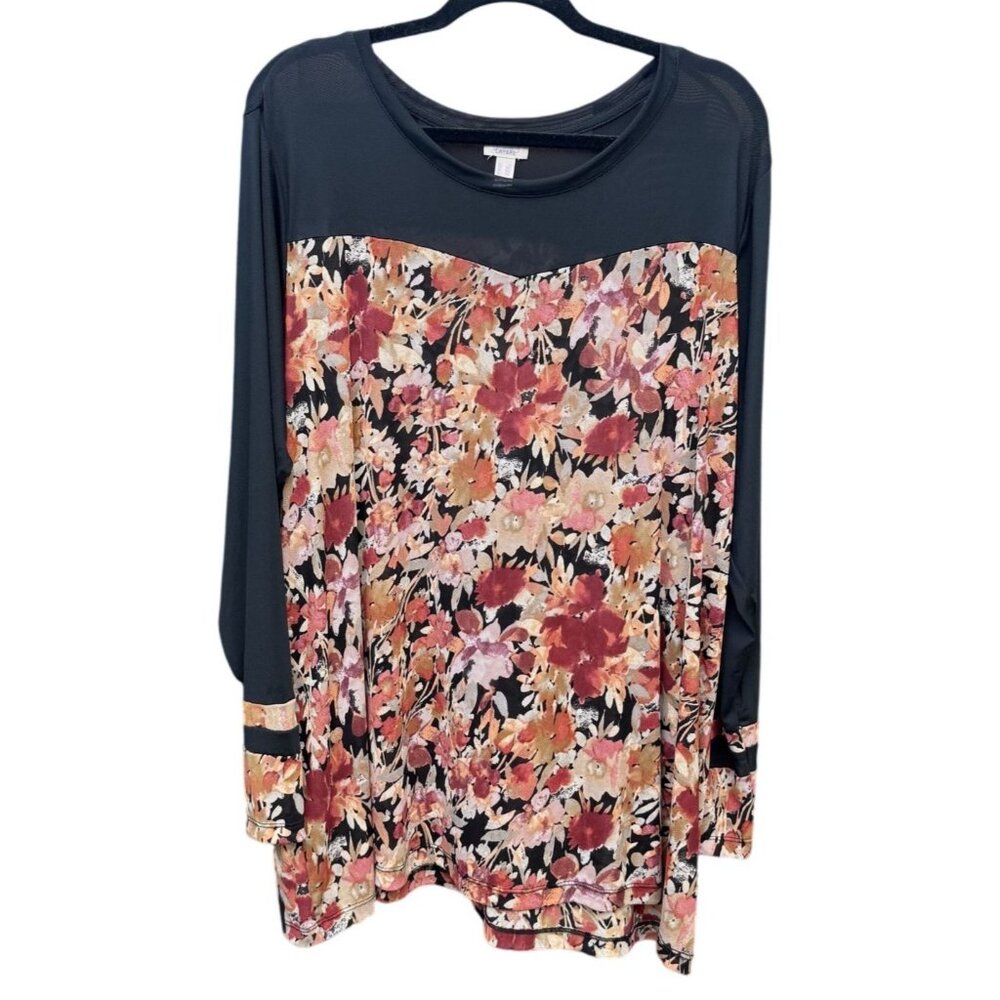 LOGO Layers Floral Sheer Mesh Multicolor Long Sleeve Top 2X Plus Size Women